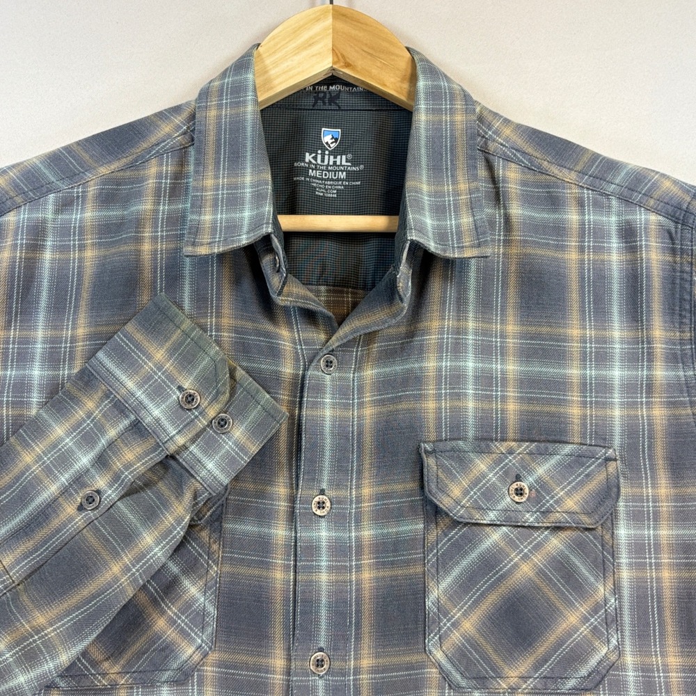 Kuhl Plaid Button Down Shirt Mens M Gray Tan Cotton Tencel Hiking Outdoor Casual